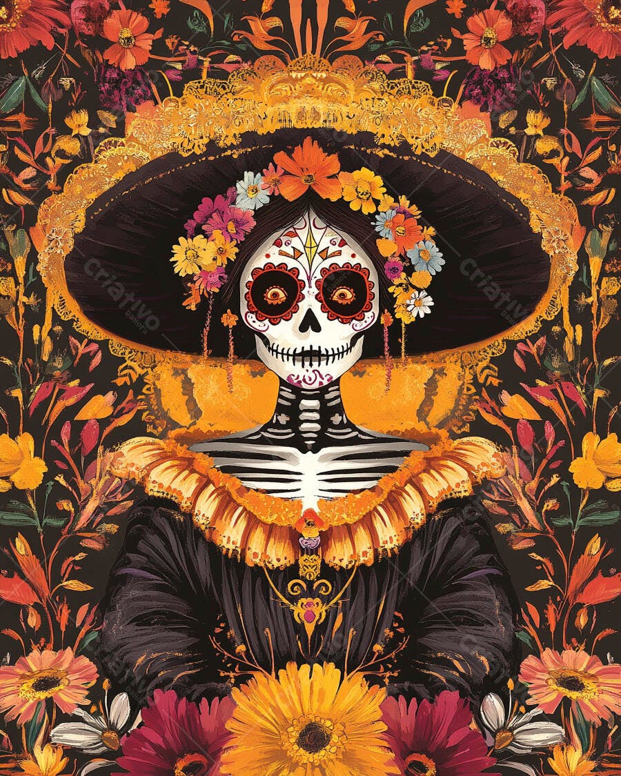 Catrina mexicana elegante com chapéu florido e maquiagem de caveira