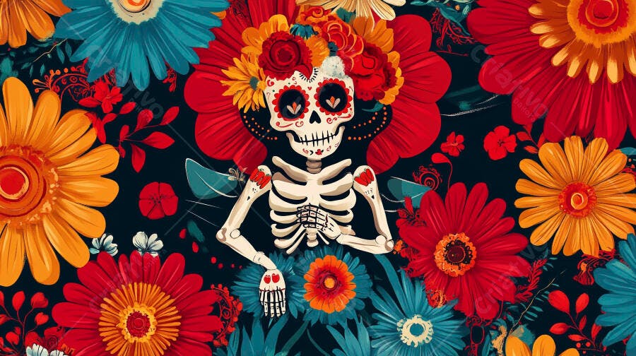 Caveira mexicana com coroa de flores coloridas em fundo escuro para o Dia dos Mortos