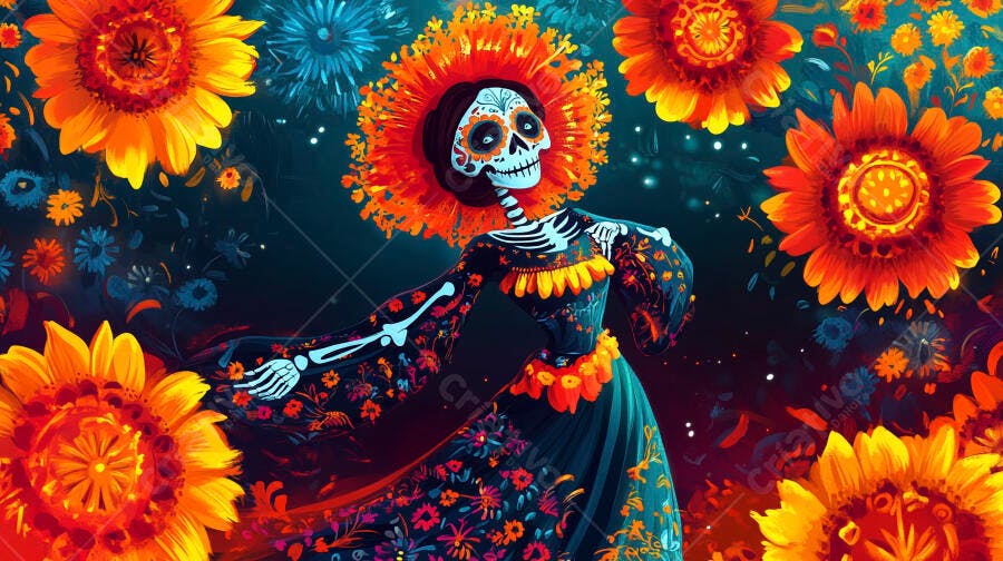 Catrina dançando em vestido floral colorido fundo flores Día de Muertos