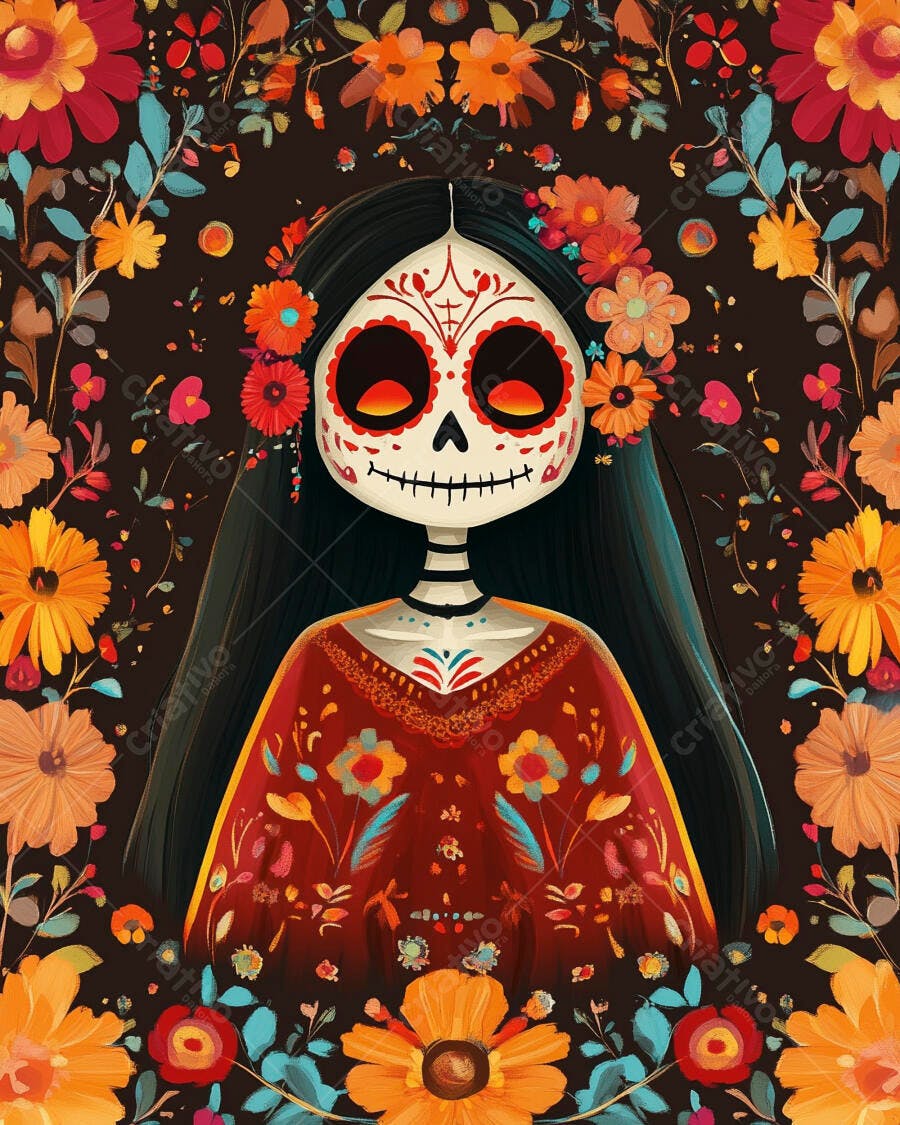 Calavera Catrina colorida com flores vibrantes para Dia de Muertos