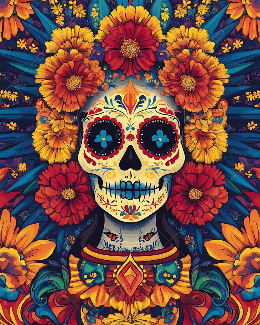 Calavera Catrina colorida com coroa de flores para Dia dos Mortos