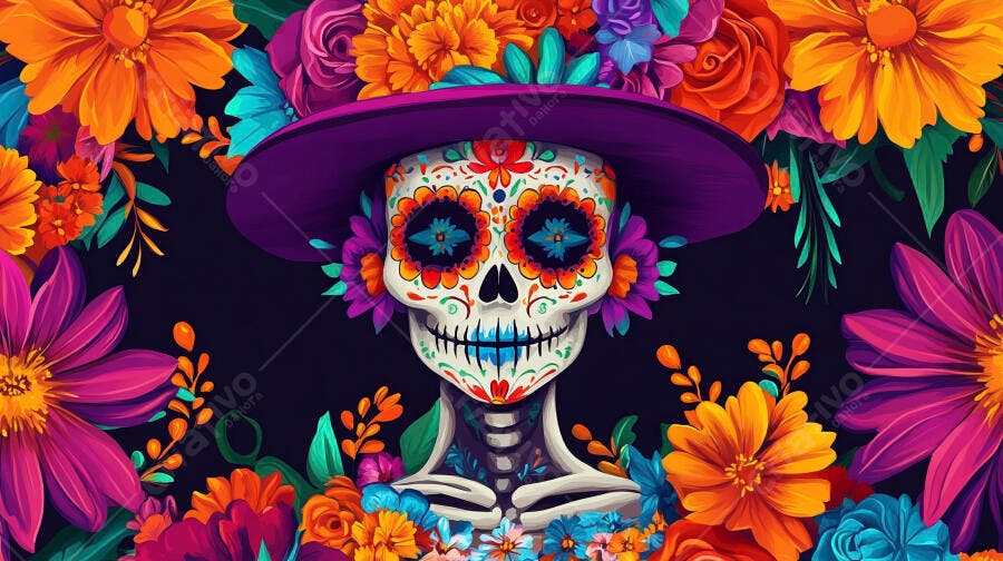 Calavera Catrina vibrante com chapéu roxo e flores em celebração Dia dos Mortos