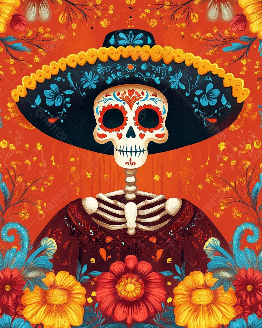 Calavera mexicana com sombrero e flores vibrantes para Dia de Muertos