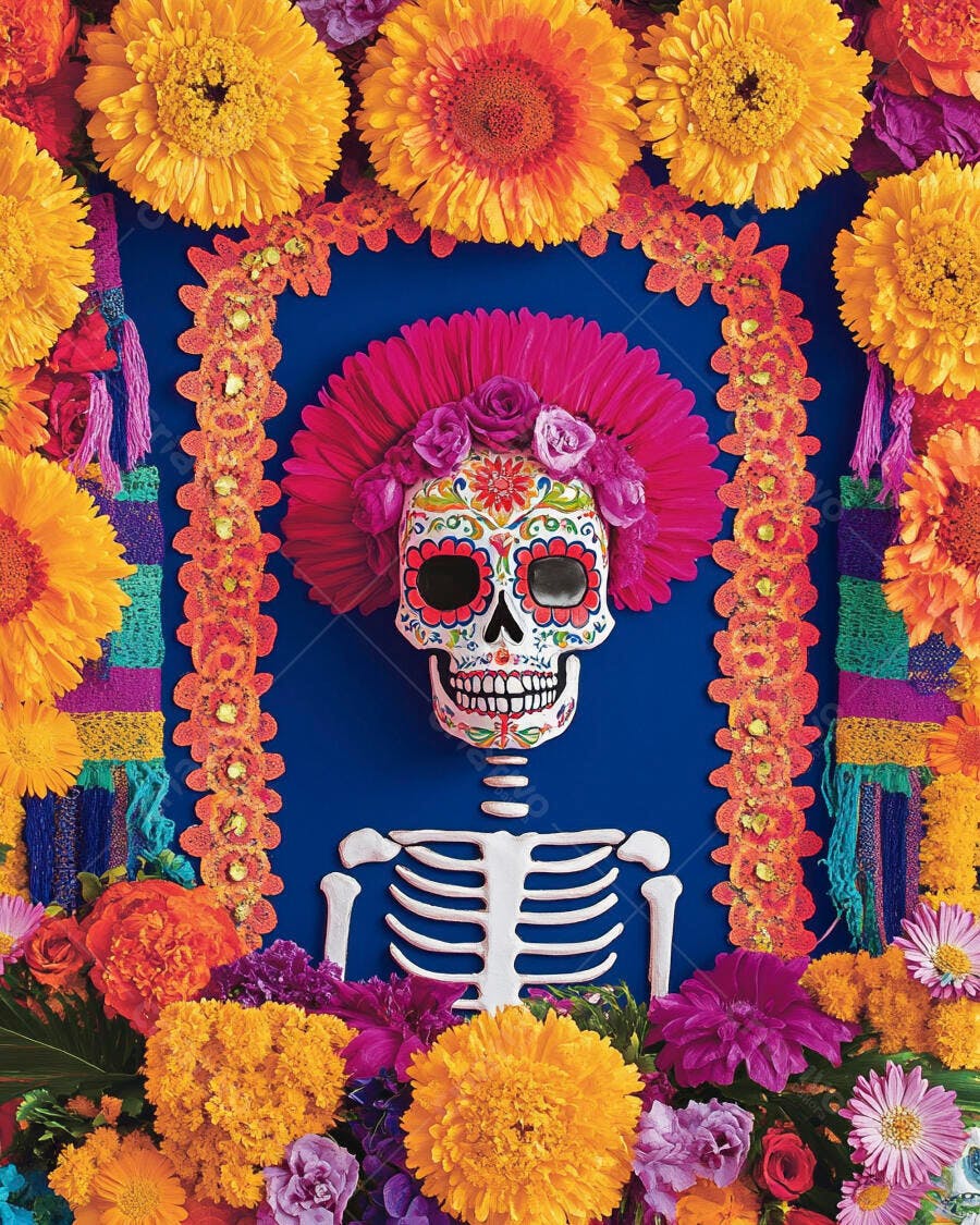 Caveira mexicana colorida e esqueleto em altar de flores vibrantes Dia dos Mortos