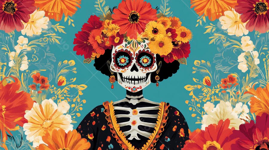 Calavera Catrina mexicana vibrante com flores coloridas para o Dia dos Mortos