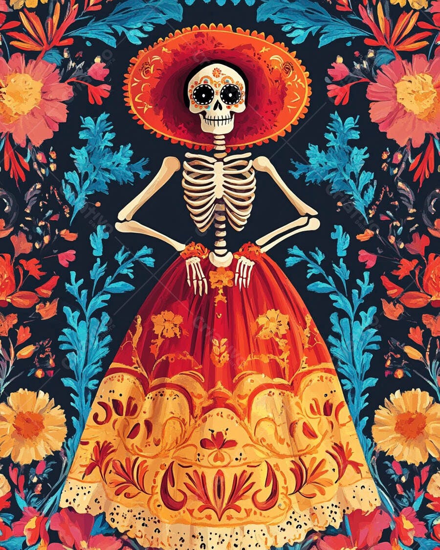 Calavera Catrina vestida com sombrero e vestido floral vibrante Dia de Muertos