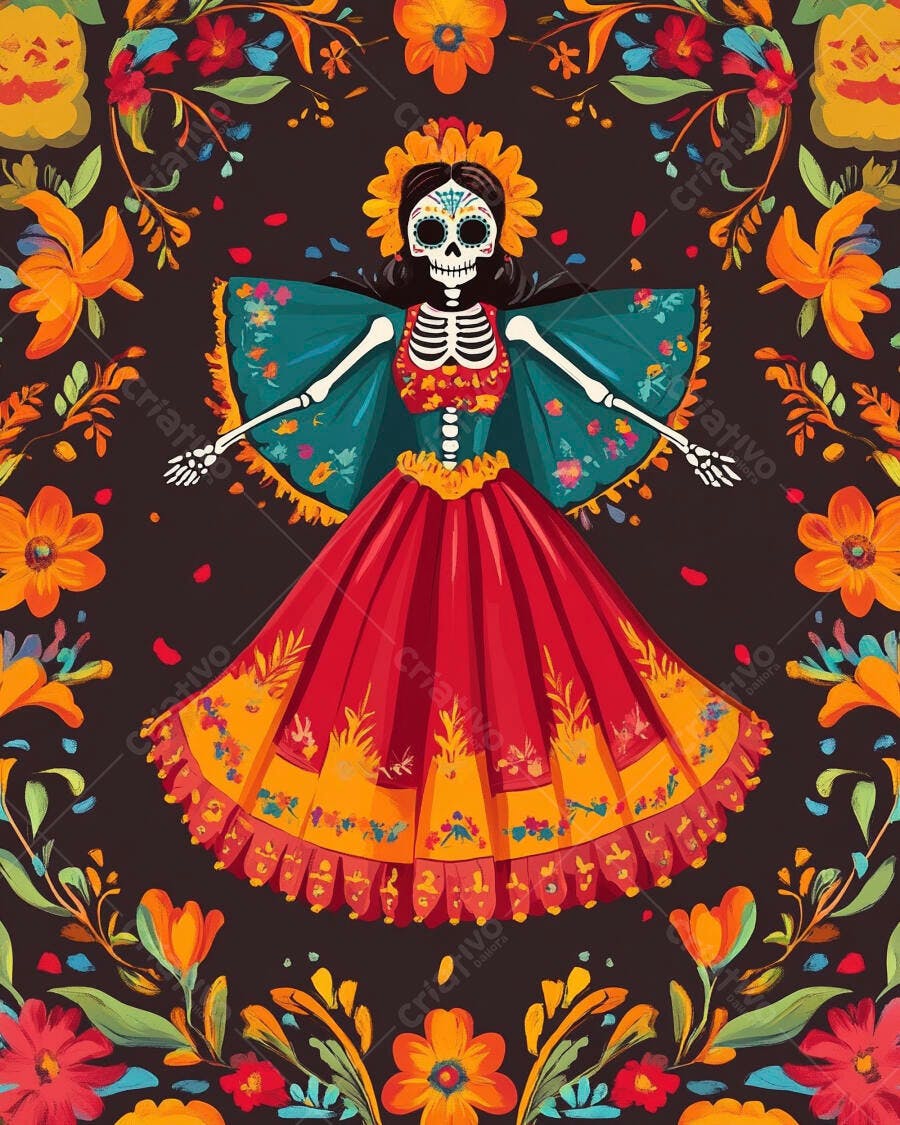 Calavera Catrina colorida em vestido floral Dia de Muertos