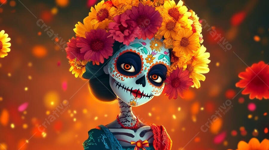Mulher Calavera Catrina azul e laranja com flores no Dia dos Mortos