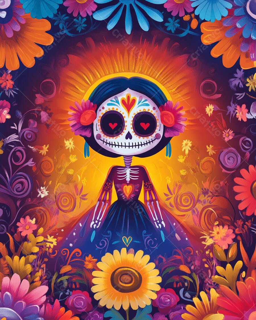 Calavera Catrina colorida rodeada de flores vibrantes arte do Dia dos Mortos