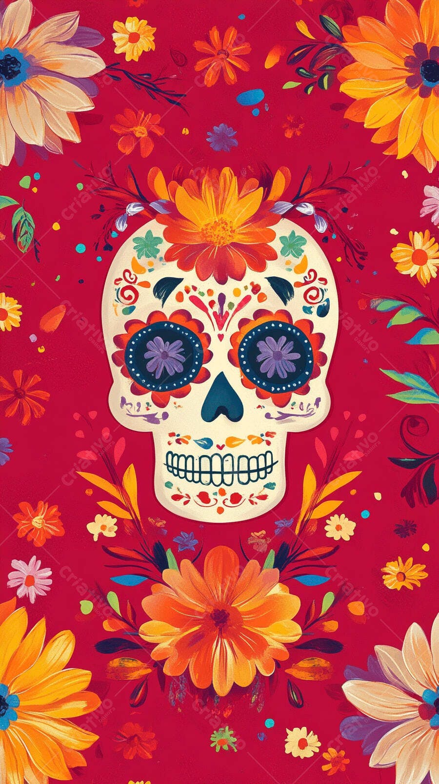 Caveira mexicana decorada com flores vibrantes para o Dia dos Mortos