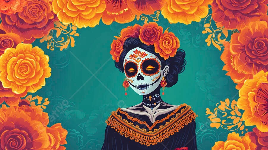 Catrina ilustrada com maquiagem caveira e flores laranja para Dia de Muertos