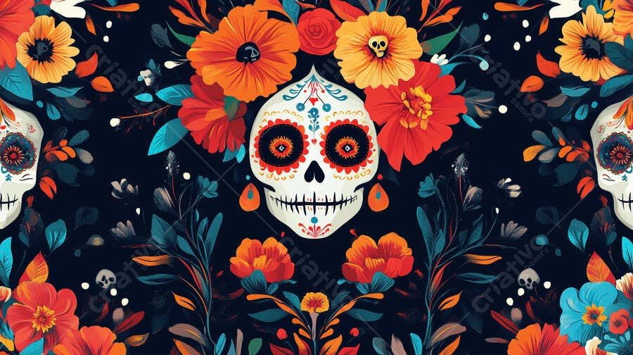 Caveira mexicana decorada com flores vibrantes para o Dia dos Mortos