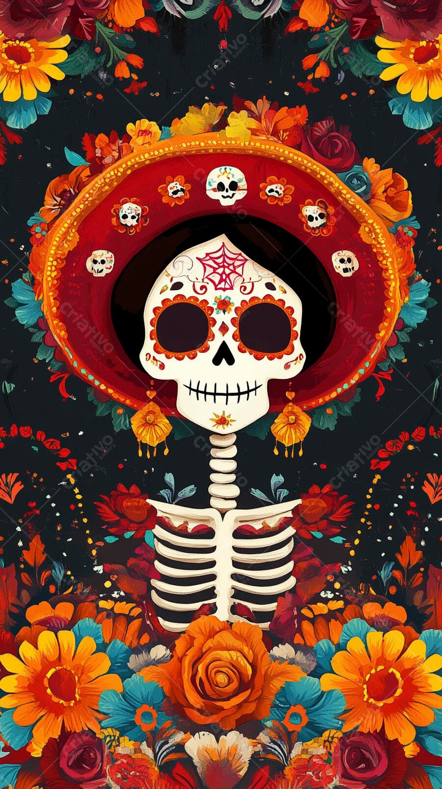 Calavera Catrina com sombrero vermelho e flores vibrantes Dia dos Mortos