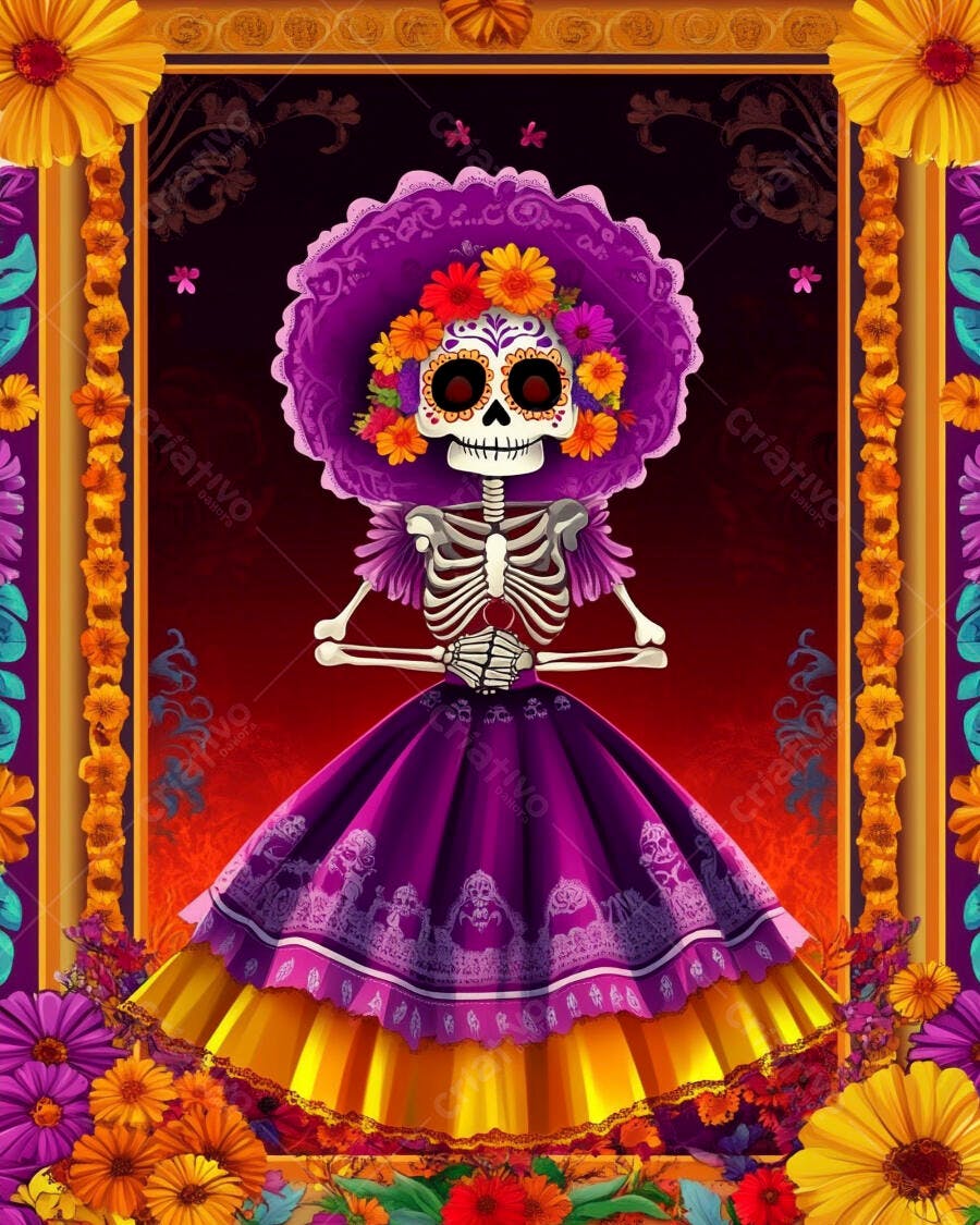 Calavera Catrina com vestido roxo e chapéu de flores coloridas celebra o Dia dos Mortos