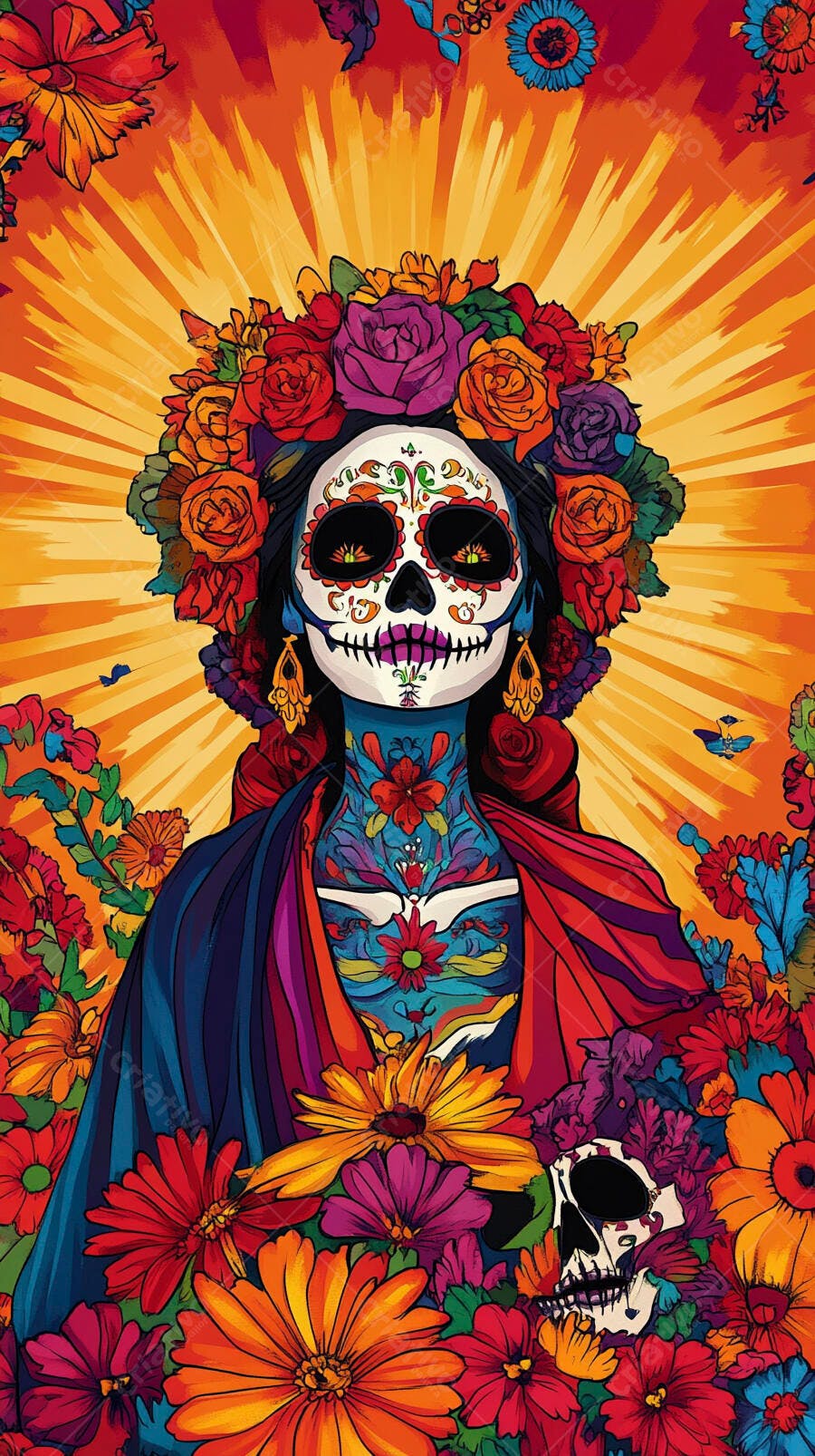 Mulher Catrina de maquiagem de caveira mexicana e coroa de flores coloridas para o Dia dos Mortos