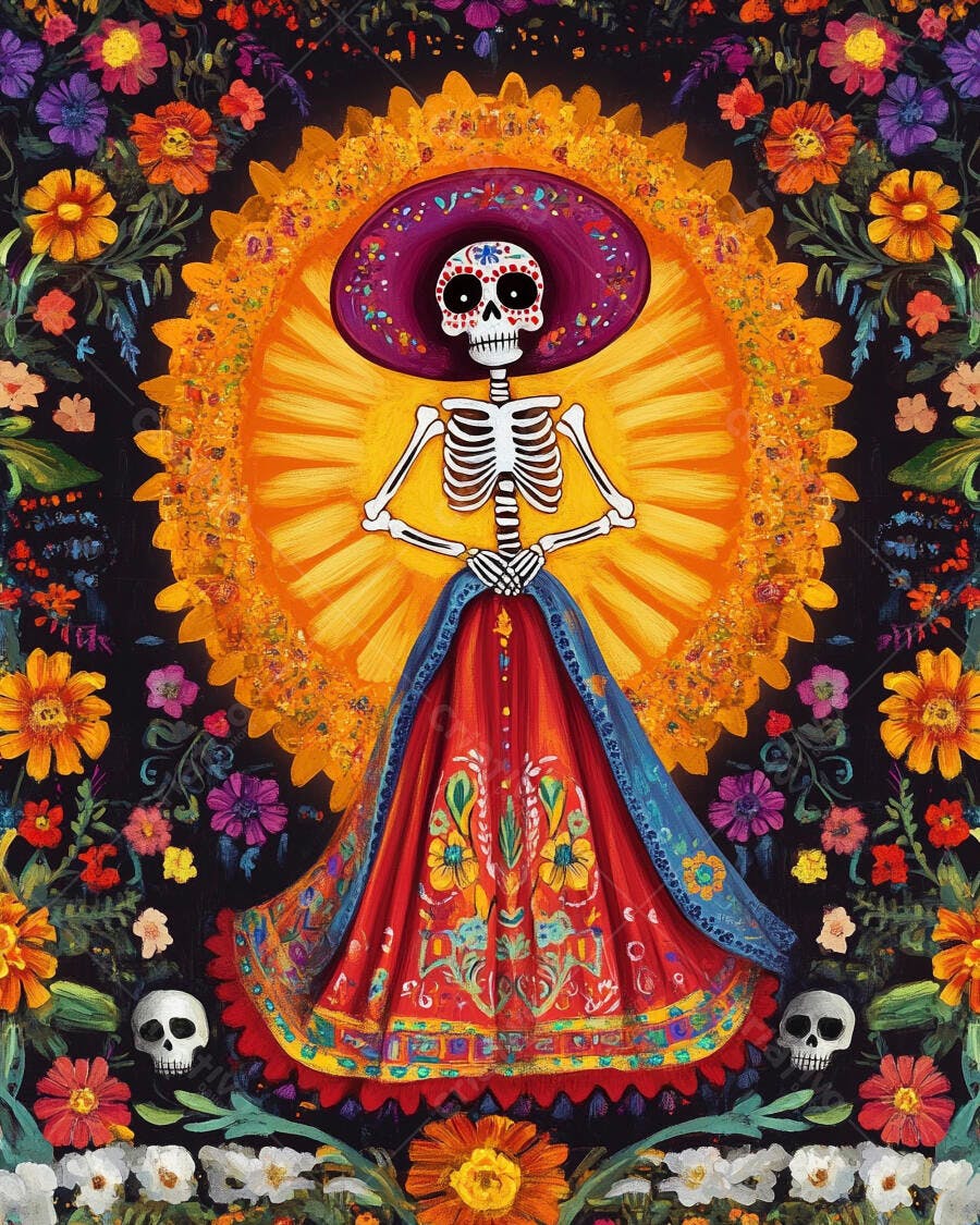 Calavera Catrina vestida colorida com chapéu roxo e flores em celebração vibrante