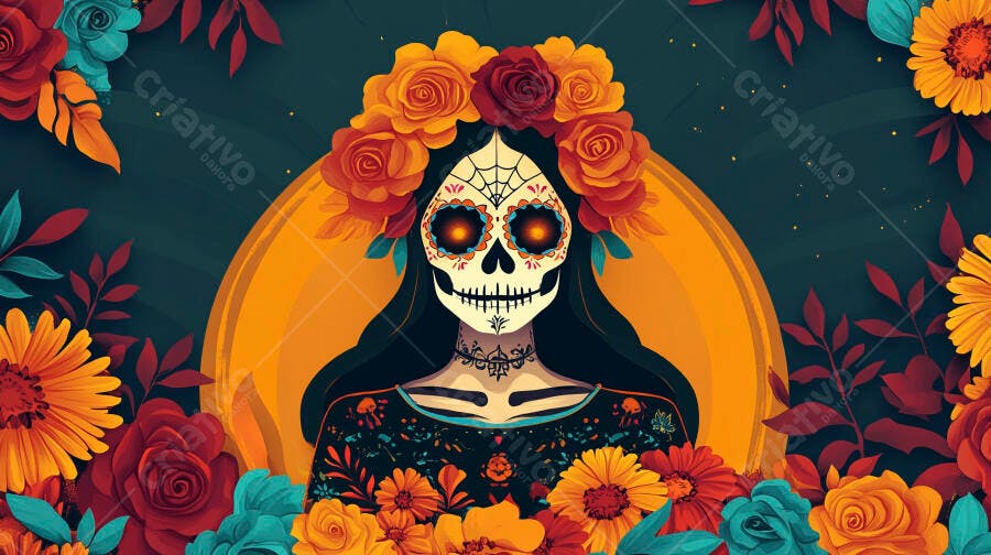 Calavera Catrina colorida com coroa de flores para Dia dos Mortos