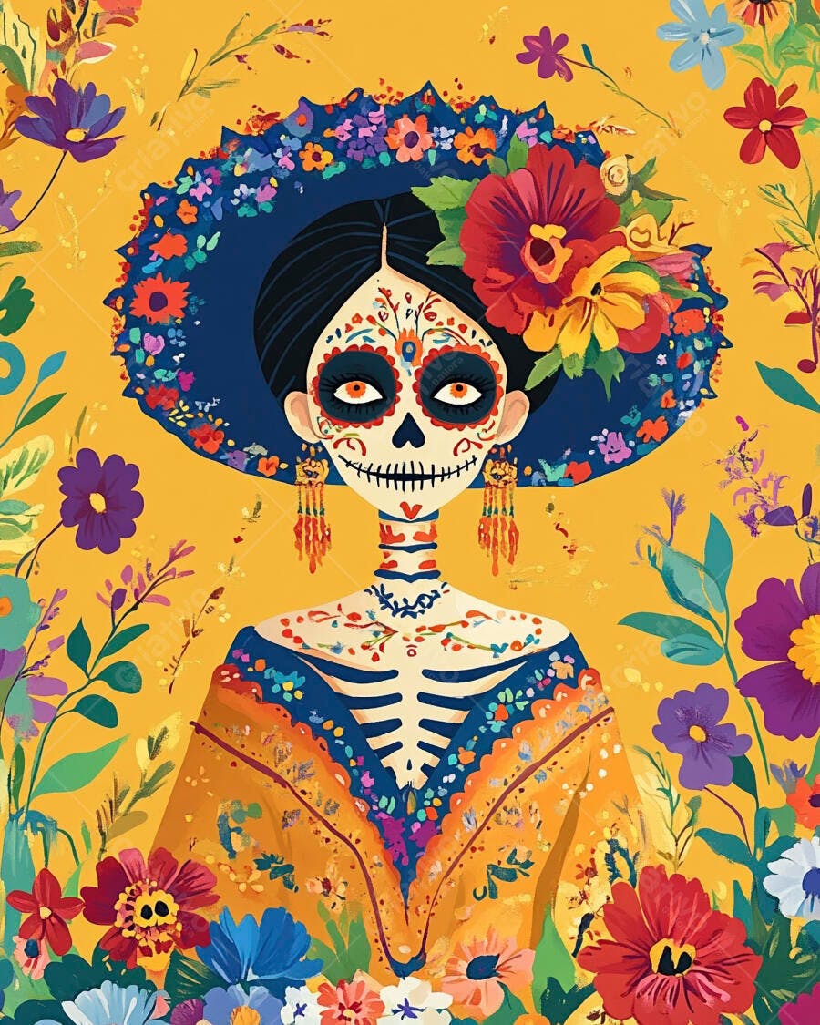 Mulher Catrina com maquiagem Dia dos Mortos e chapéu florido colorido