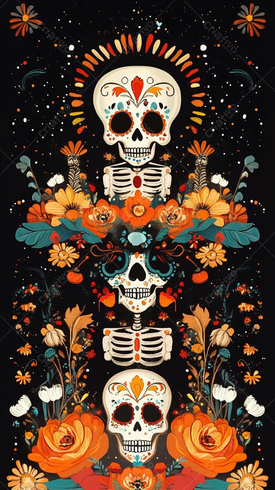 Caveiras mexicanas e esqueletos decorados com flores vibrantes para Dia de los Muertos