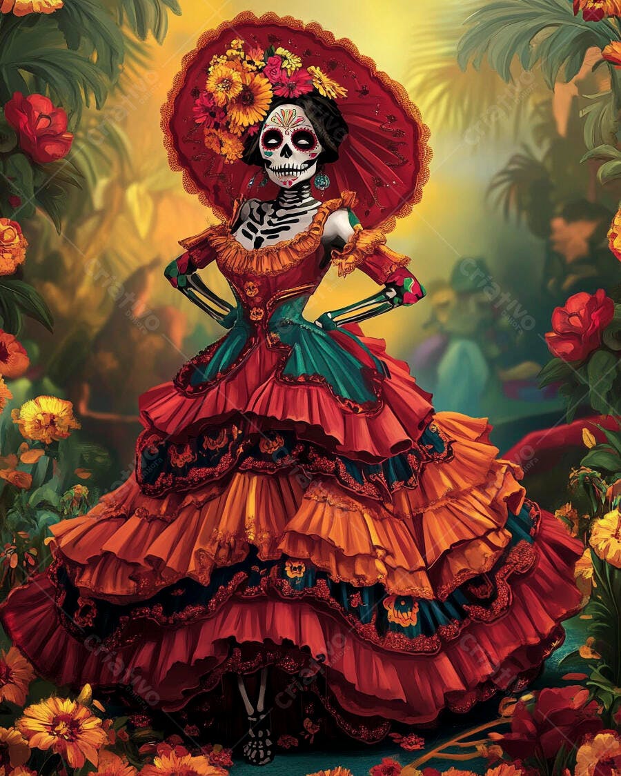 Catrina mexicana exuberante com vestido vermelho e laranja em jardim florido