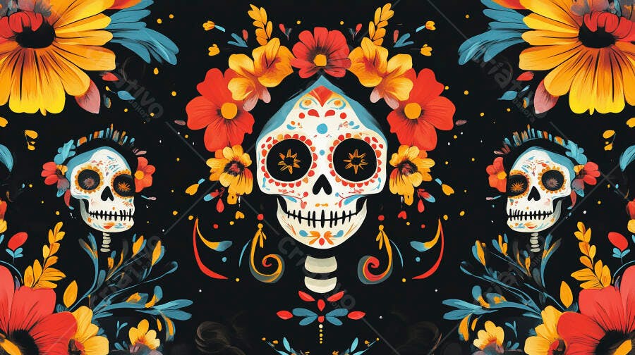 Caveiras de açúcar mexicanas com flores vibrantes em fundo preto Dia dos Mortos