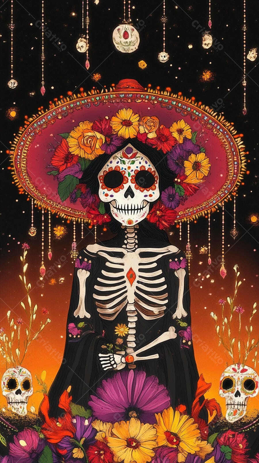 Calavera Catrina mexicana com chapéu de flores coloridas para Dia de los Muertos