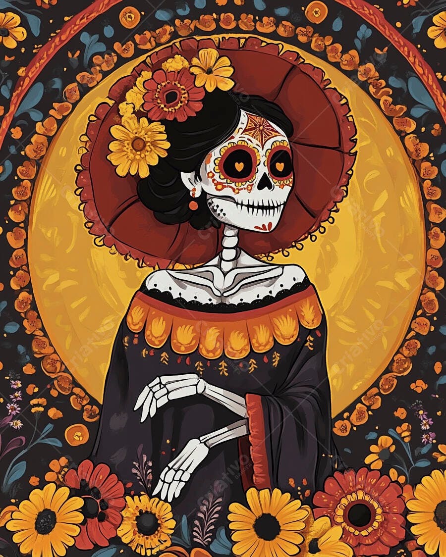 Calavera Catrina vibrante com flores para Dia dos Mortos
