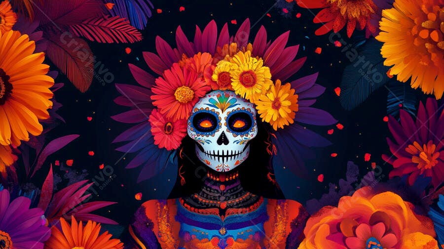 Mulher Catrina de caveira mexicana com coroa floral Dia de los Muertos