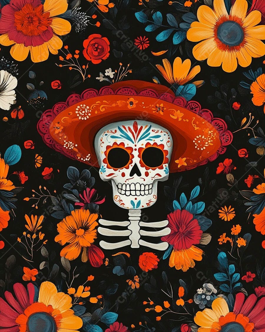 Caveira mexicana com sombrero e flores coloridas em fundo escuro Dia de los Muertos