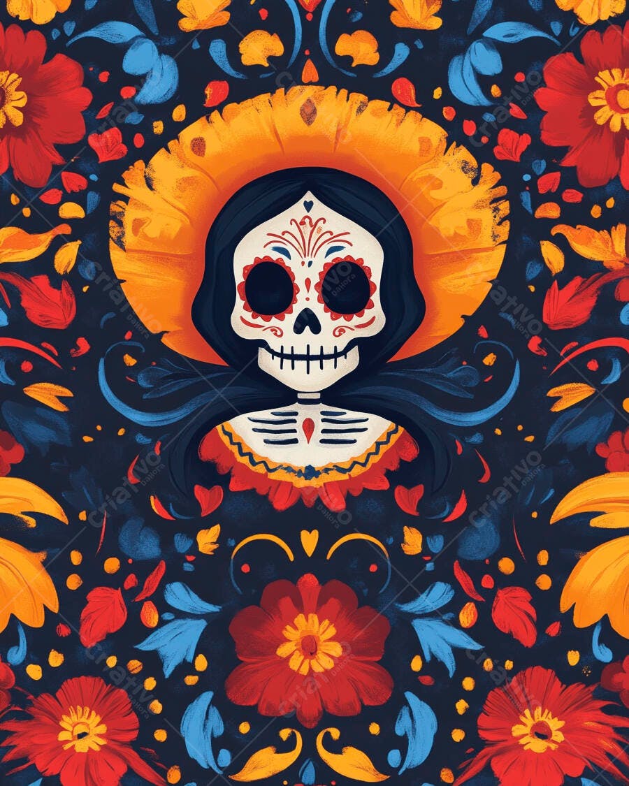 Calavera Catrina festiva com fundo floral colorido Dia de Muertos