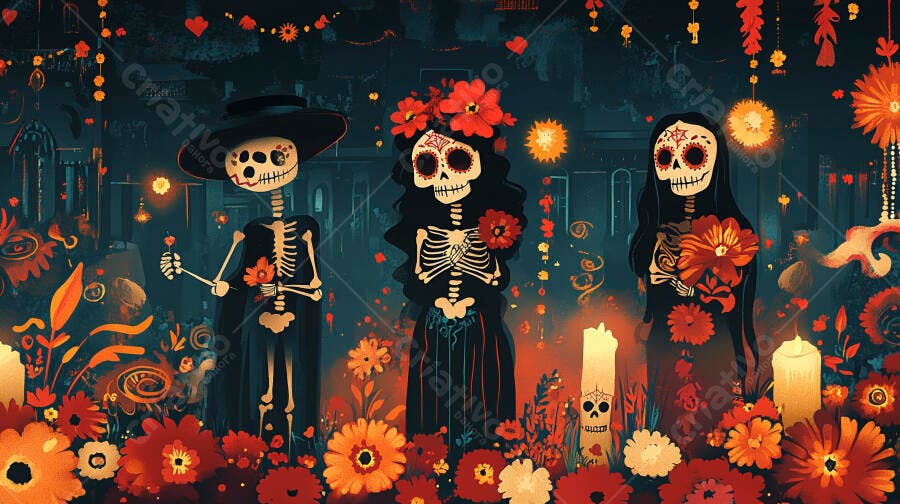Três calaveras festivas com flores e velas celebrando o Dia dos Mortos