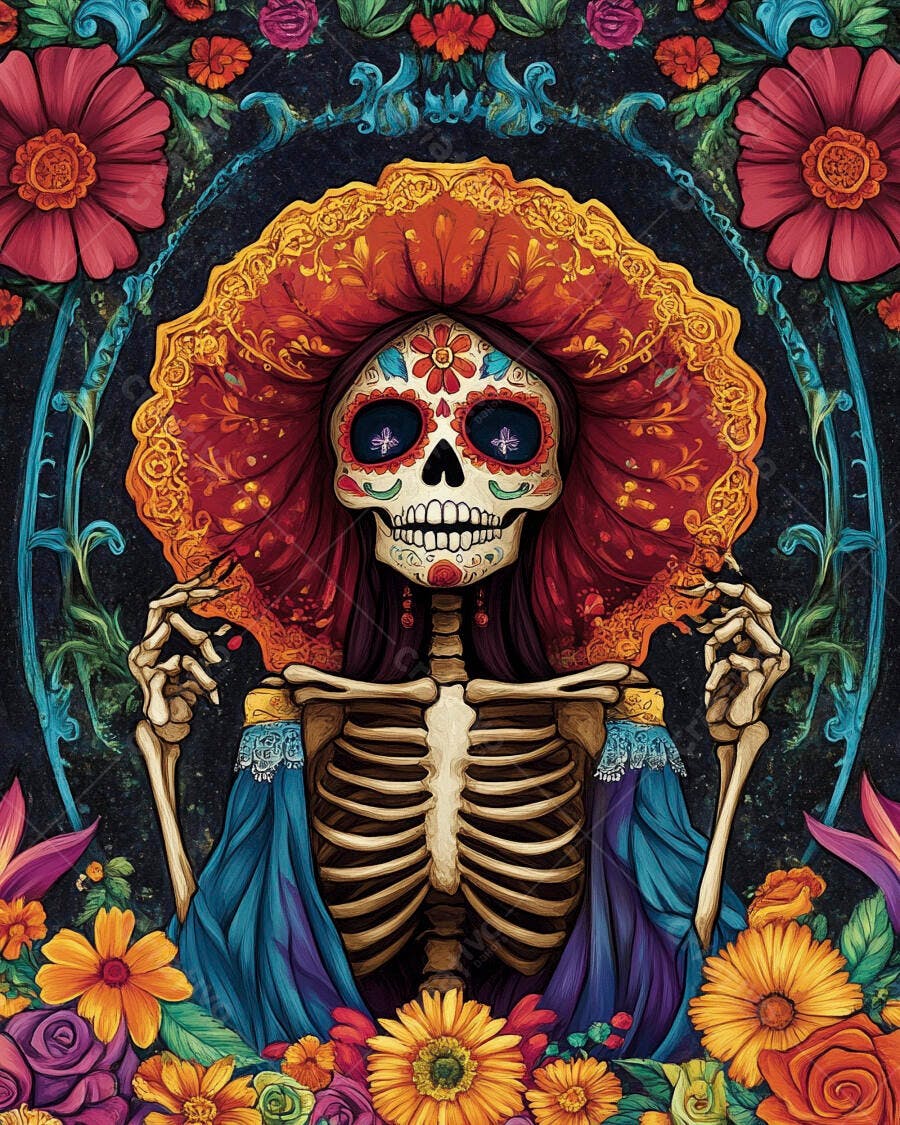 Mulher esqueleto Catrina colorida com flores vibrantes para Dia de los Muertos