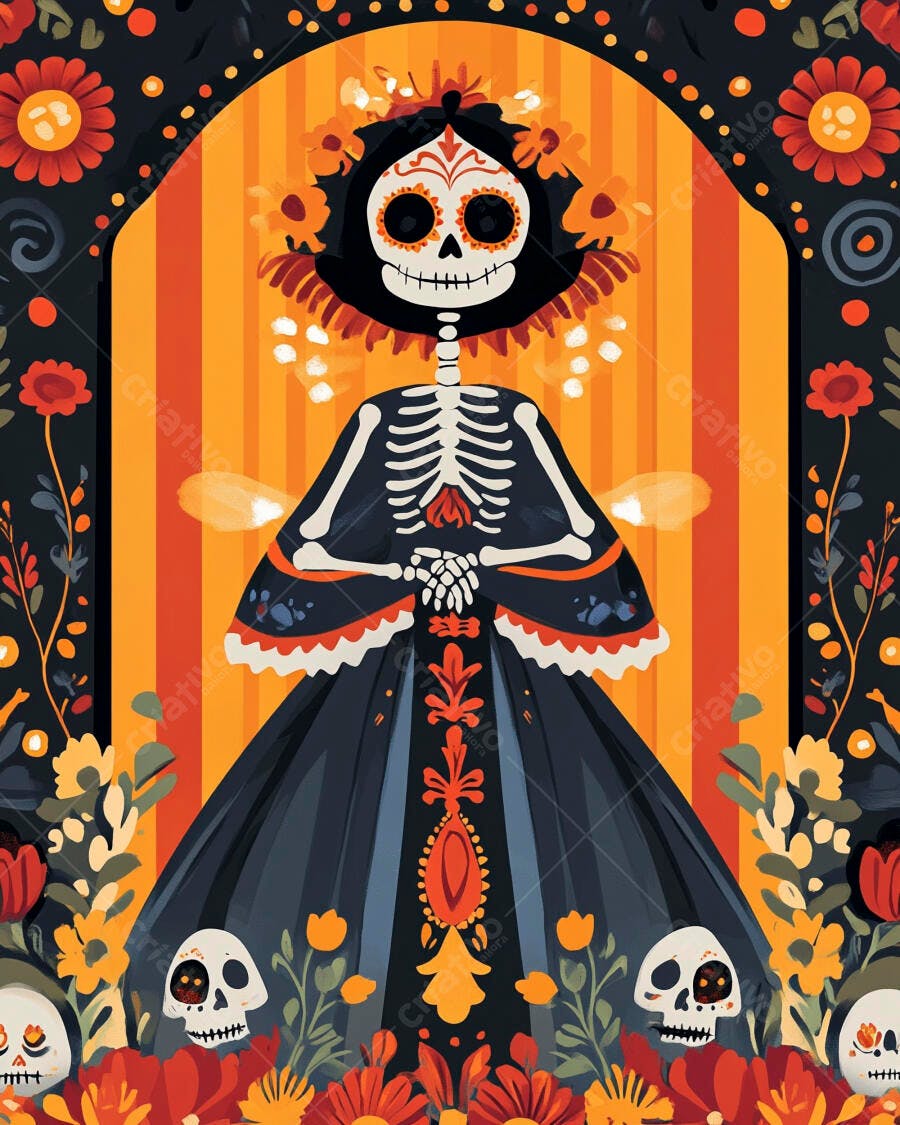 Calavera Catrina vestida com flores vermelhas e crânios coloridos Dia dos Mortos