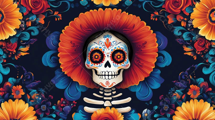Calavera mexicana decorada com flores laranjas e azuis para o Dia de los Muertos