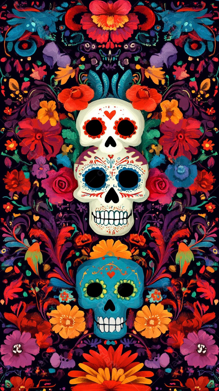 Caveiras mexicanas floridas com crânios de açúcar e arte vibrante