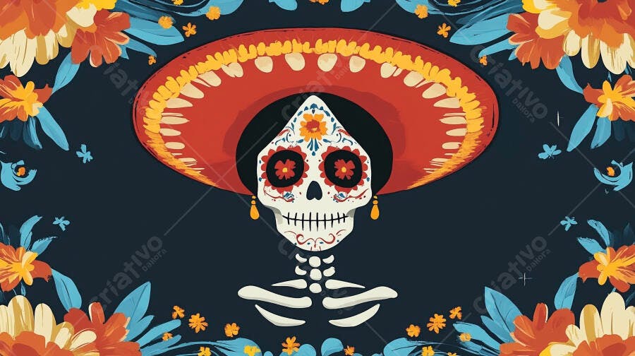 Calavera mexicana com sombrero vermelho e flores coloridas Dia dos Mortos