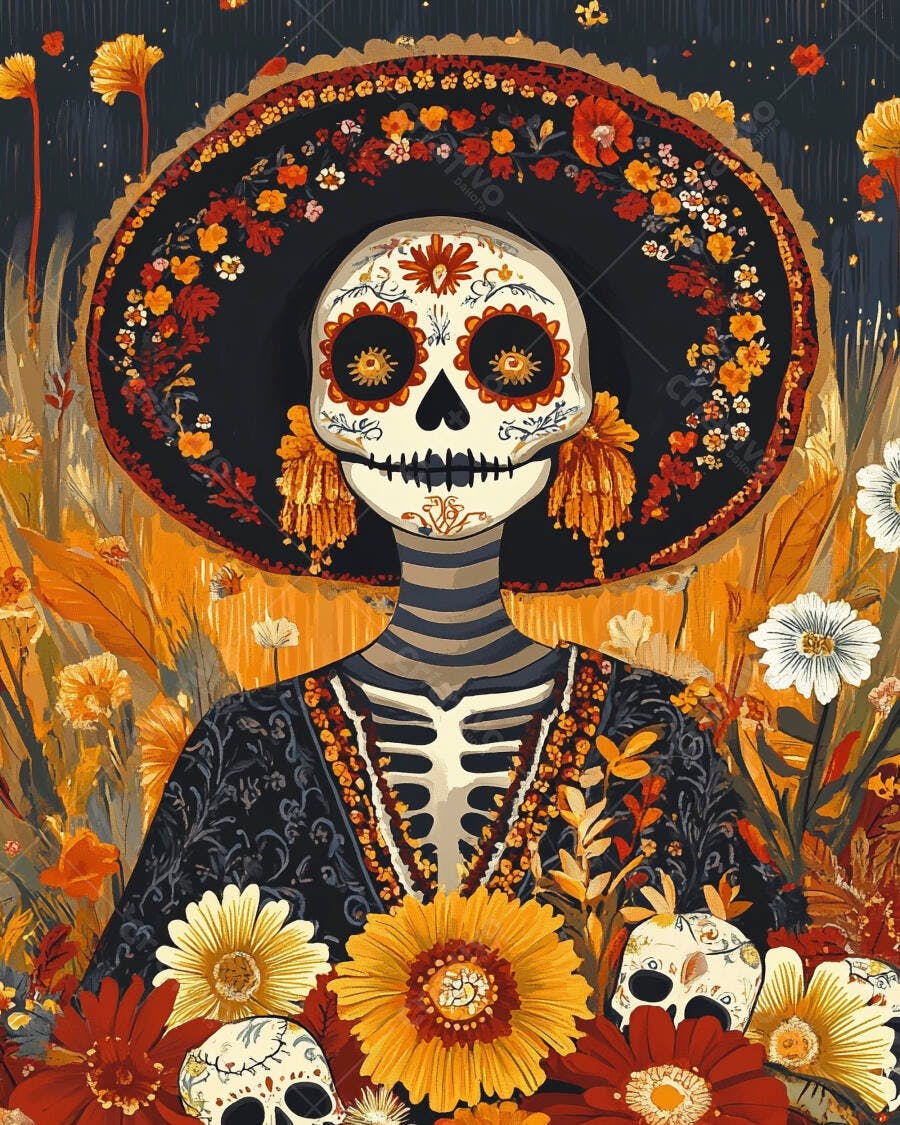 Calavera Catrina colorida com sombrero florido no Dia dos Mortos