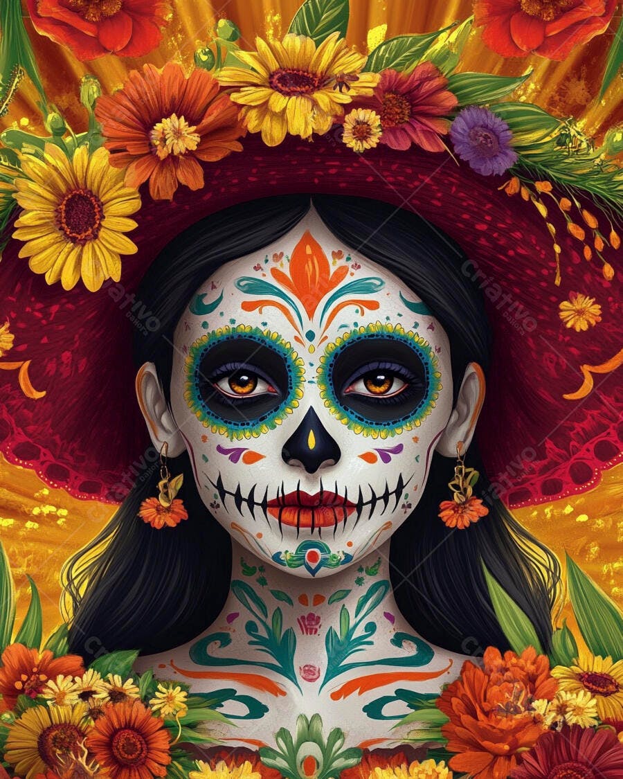 Mulher Calavera Catrina maquiagem vibrante em chapéu floral vermelho Dia dos Mortos