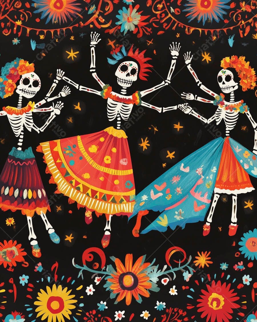 Três calaveras mexicanas dançando alegremente com vestidos florais vibrantes no Dia dos Mortos