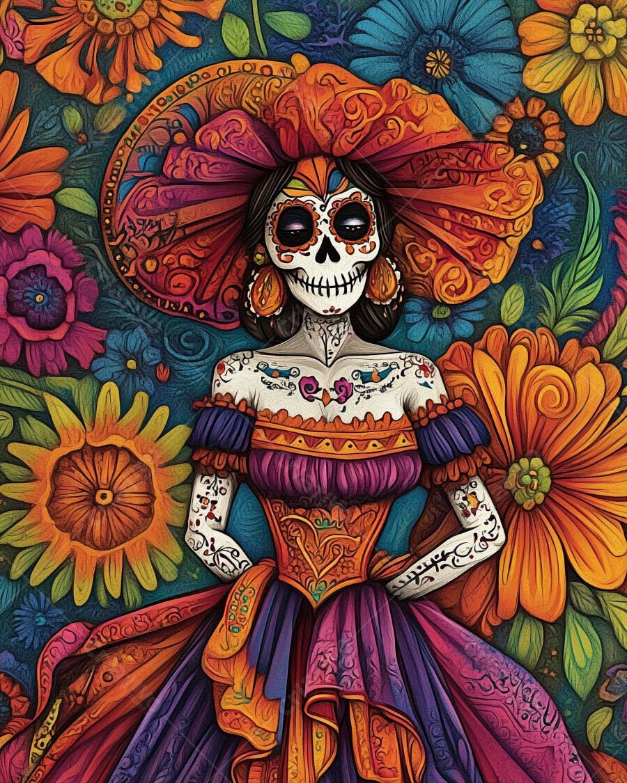 Calavera Catrina festiva com maquiagem de caveira e vestido floral colorido Dia dos Mortos
