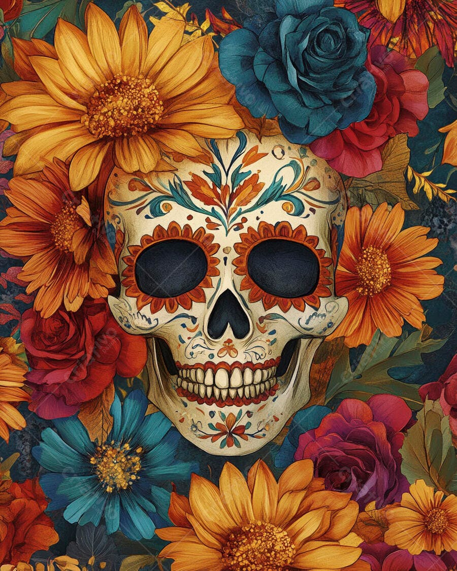 Caveira de açúcar colorida com flores vibrantes para o Dia dos Mortos