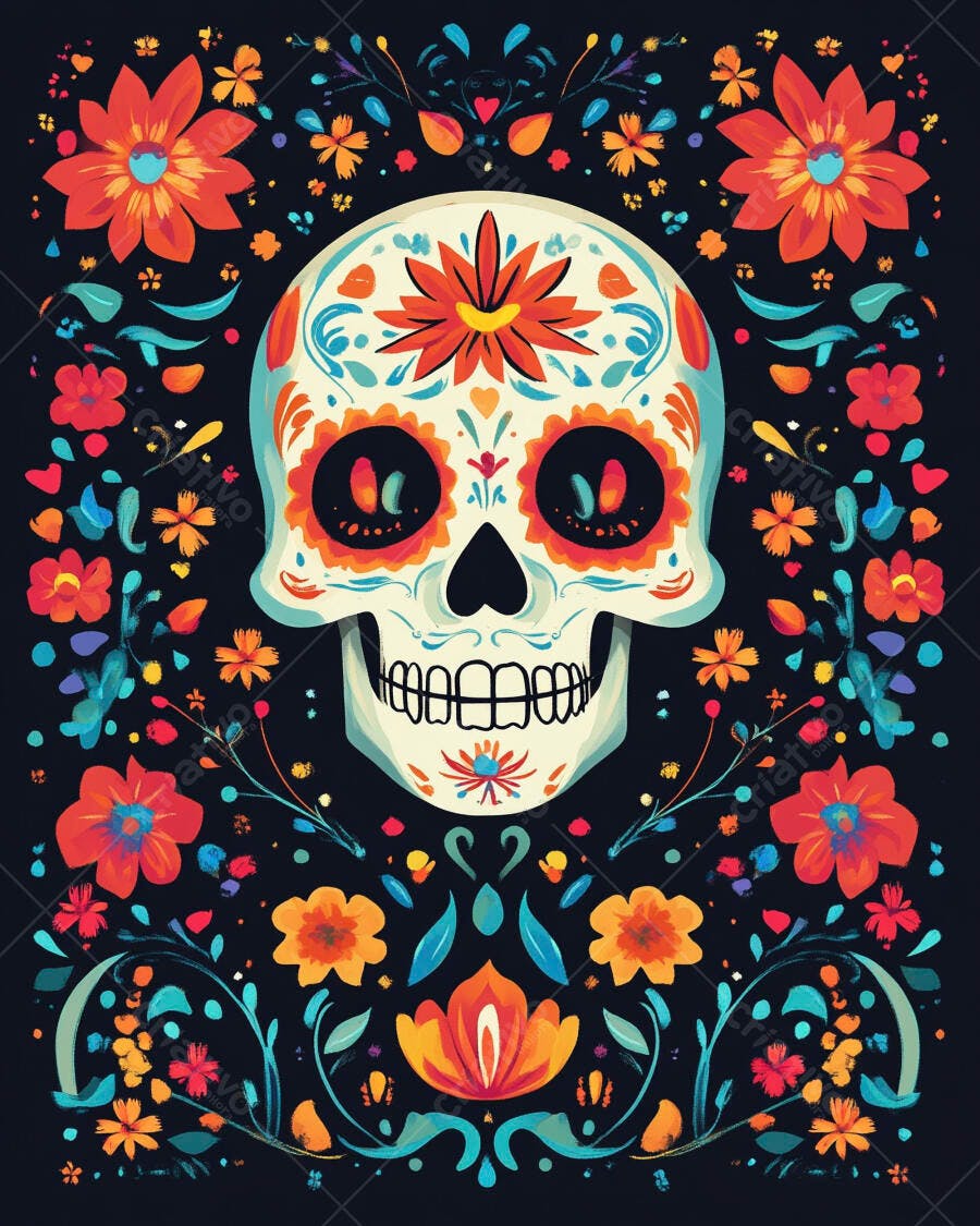 Calavera mexicana decorada com flores vibrantes para o Dia dos Mortos