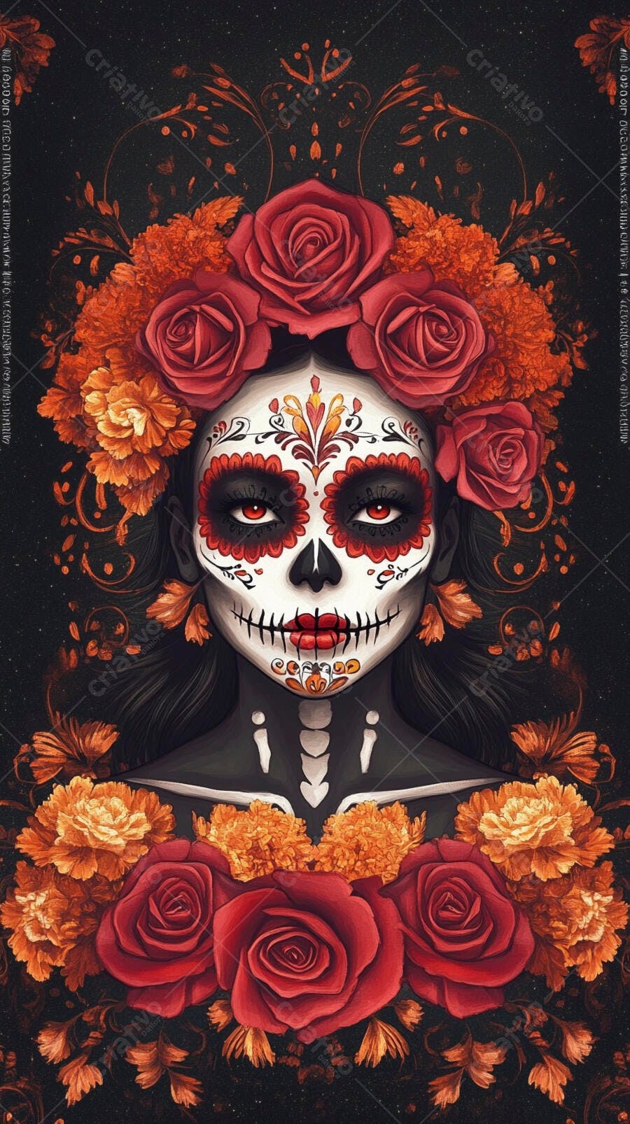 Mulher Catrina maquiagem caveira mexicana flores vermelhas e laranja Dia dos Mortos