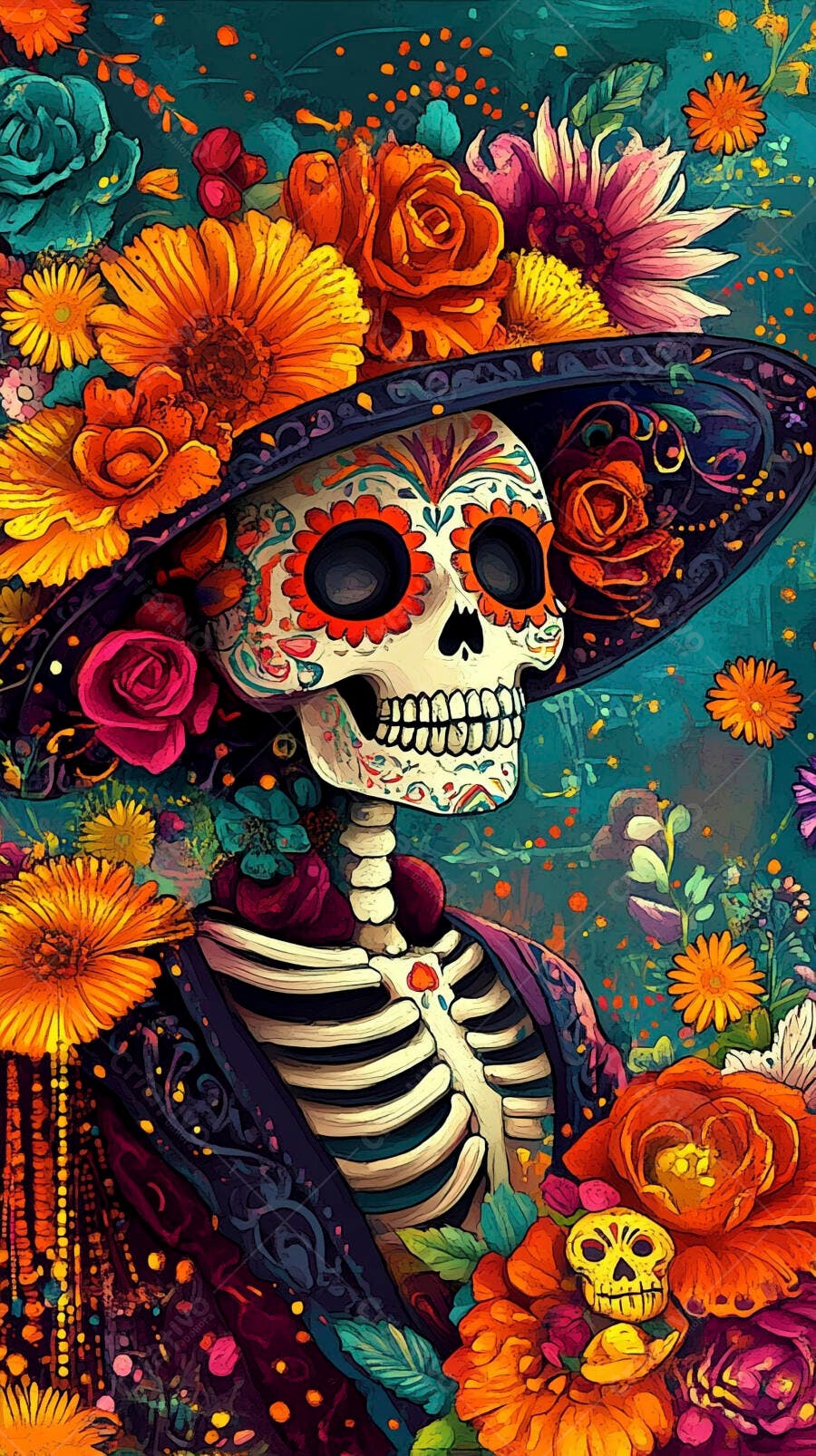 Calavera Catrina vibrante com chapéu e flores para o Dia dos Mortos