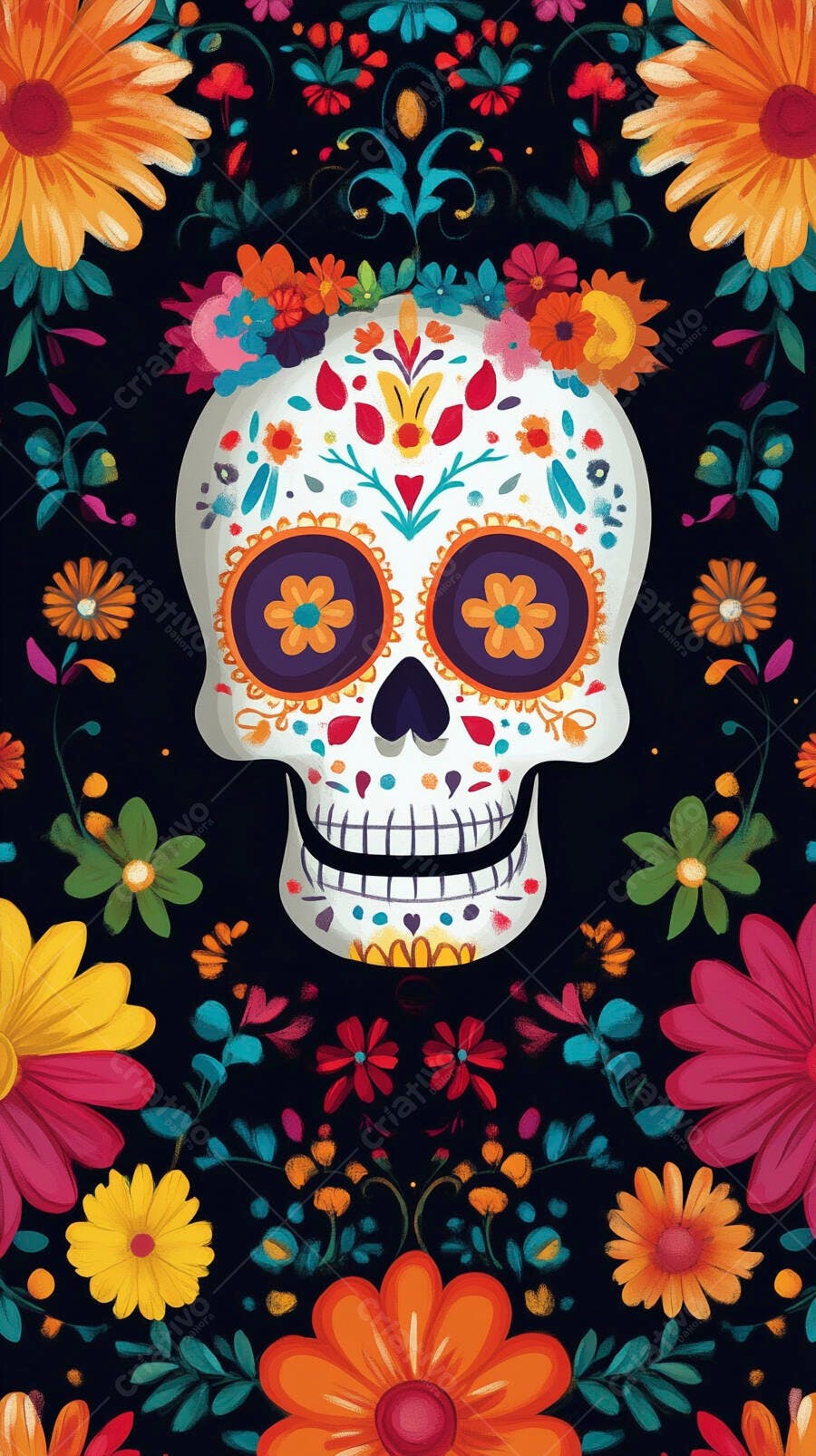 Calavera mexicana colorida com flores para o Dia dos Mortos
