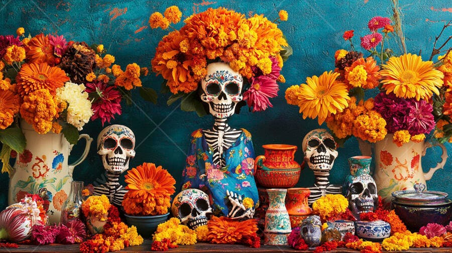 Caveiras coloridas e flores de cempasúchil celebram o Día de los Muertos