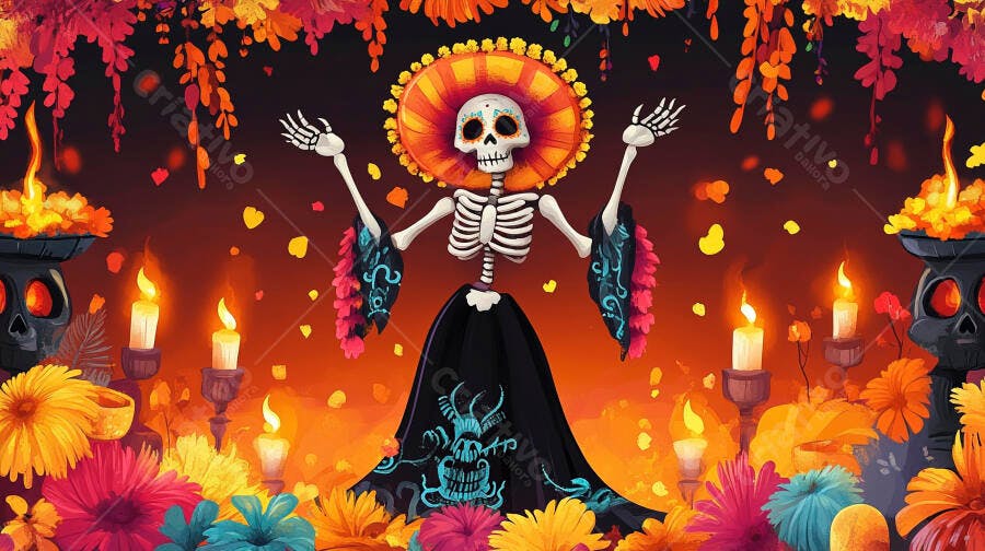 Catrina esqueleto festiva com flores e velas coloridas Dia dos Mortos