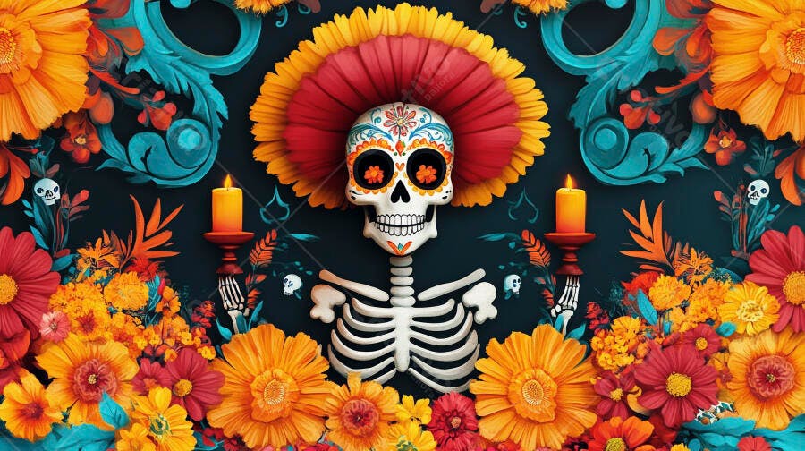 Caveira mexicana esqueleto com flores vibrantes e velas Dia de Muertos