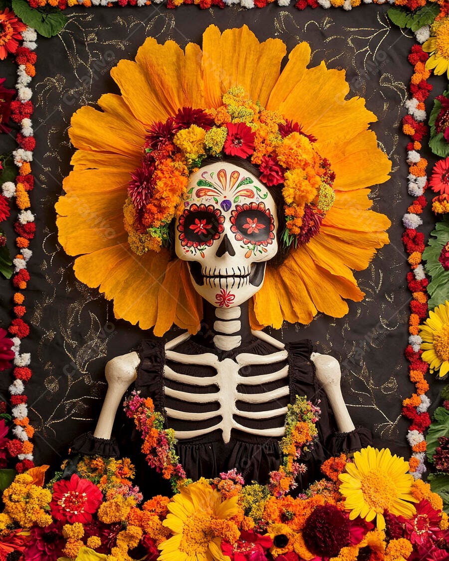 Caveira mexicana Catrina decorada com flores vibrantes para o Dia dos Mortos