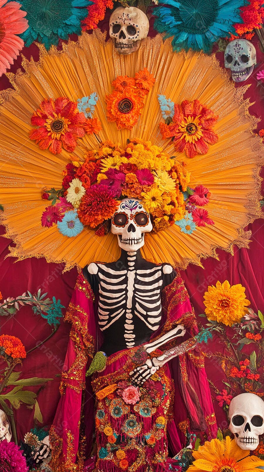 Catrina esqueleto decorada em altar de Dia dos Mortos com flores e caveiras